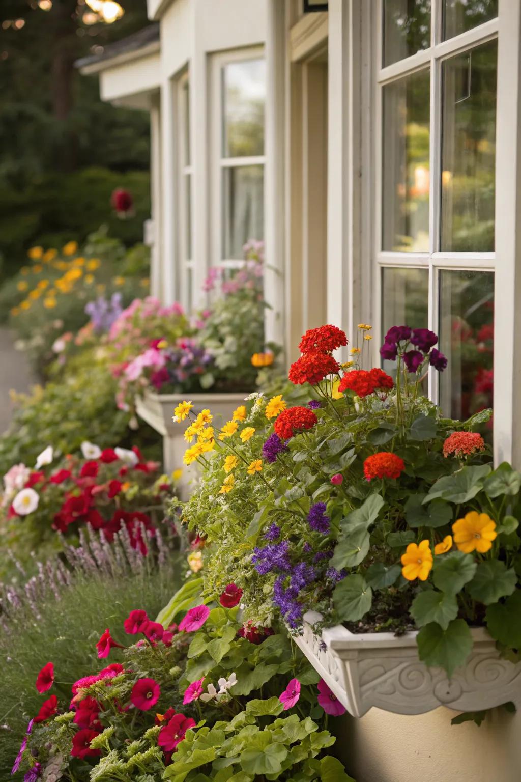 Edible flowers beautify and provide culinary delights around bay windows.