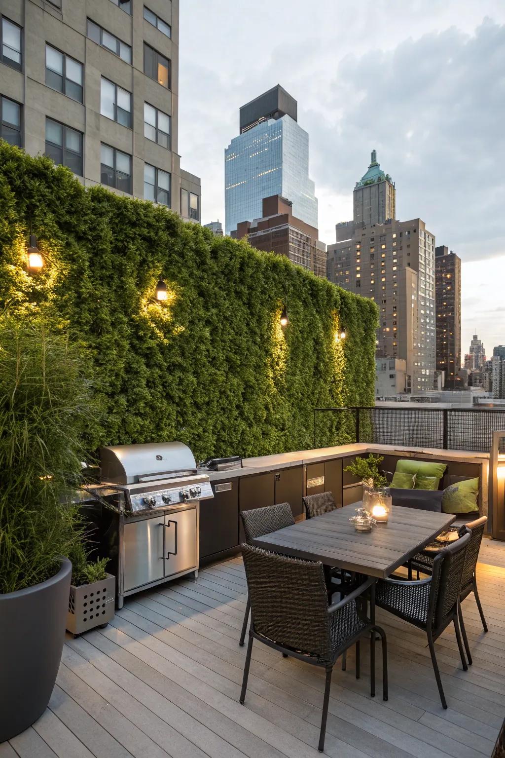 Transform your rooftop into a tranquil BBQ oasis with greenery and style.