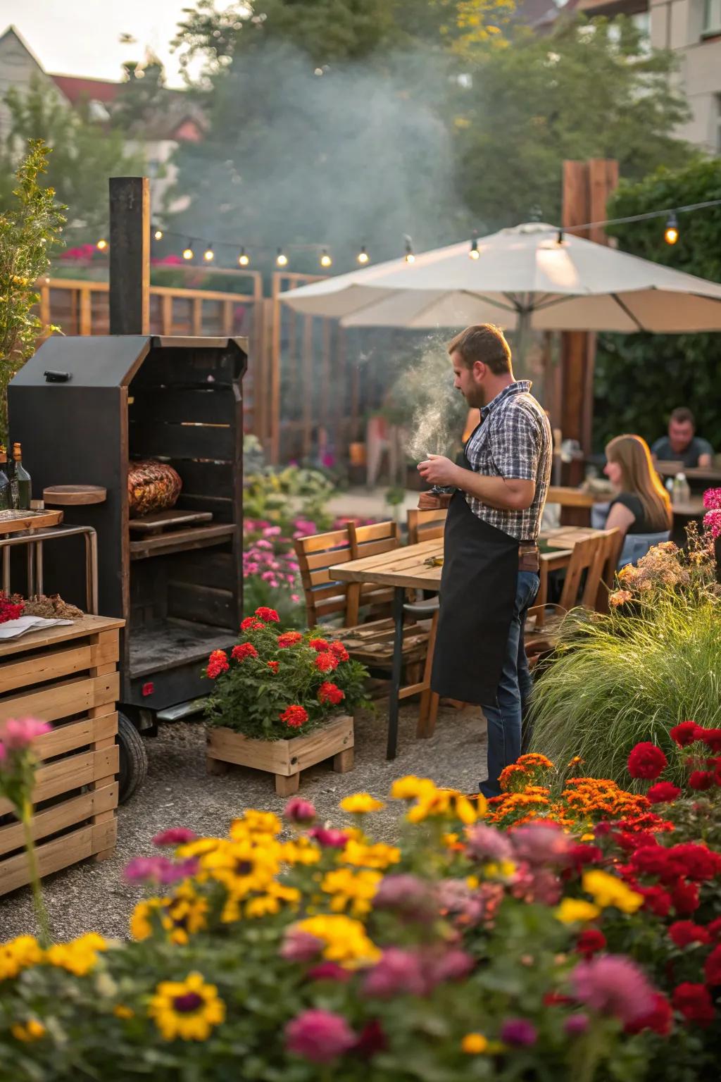 Smoker with rotisserie enhancing BBQ flavors with even cooking.
