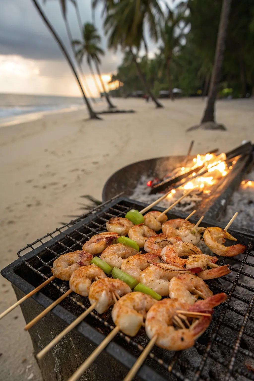 Exotic coconut lime shrimp skewers sizzling on the grill.
