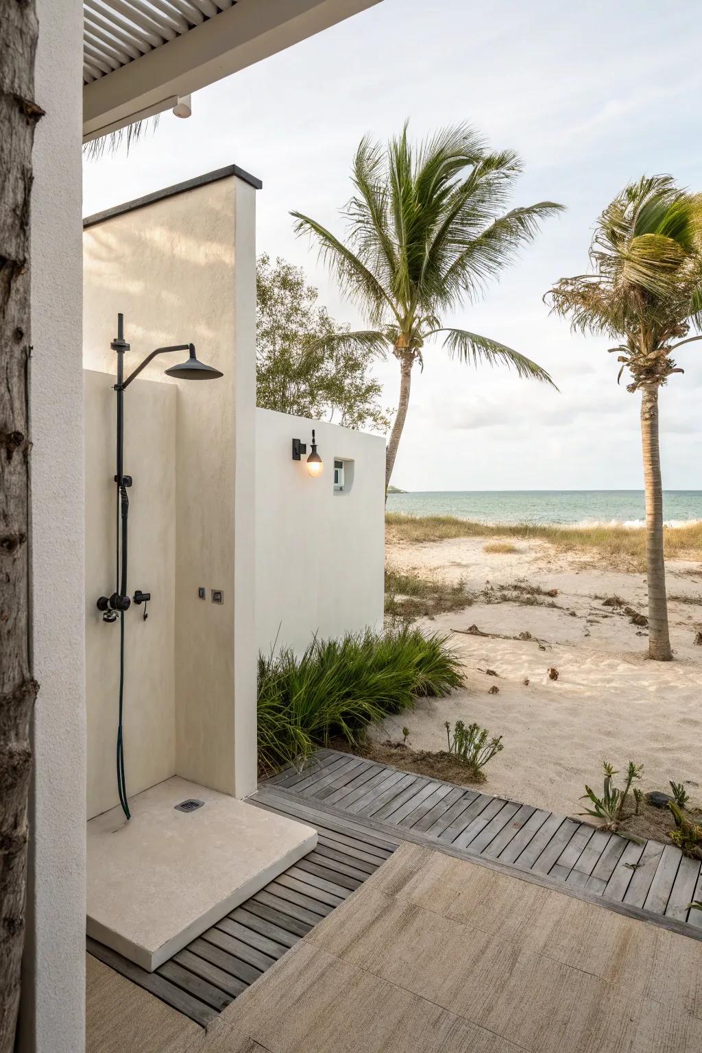 A minimalist design offers a sleek and modern outdoor shower experience.