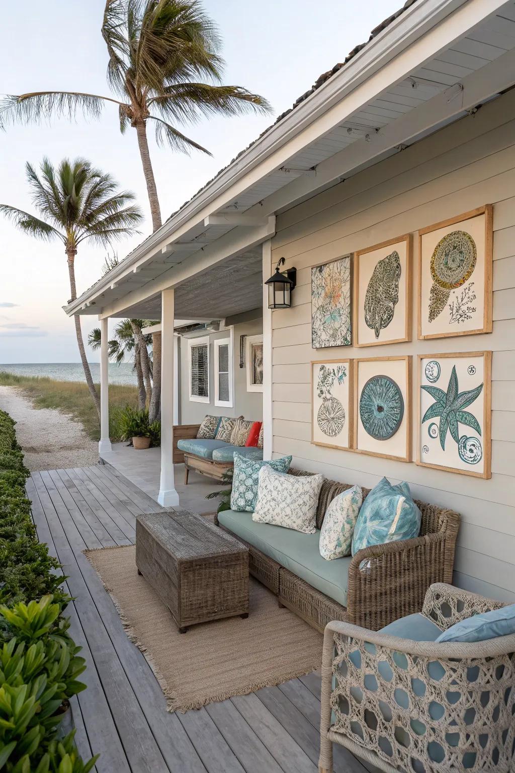 Personalized art pieces bringing a unique touch to a beach house patio.