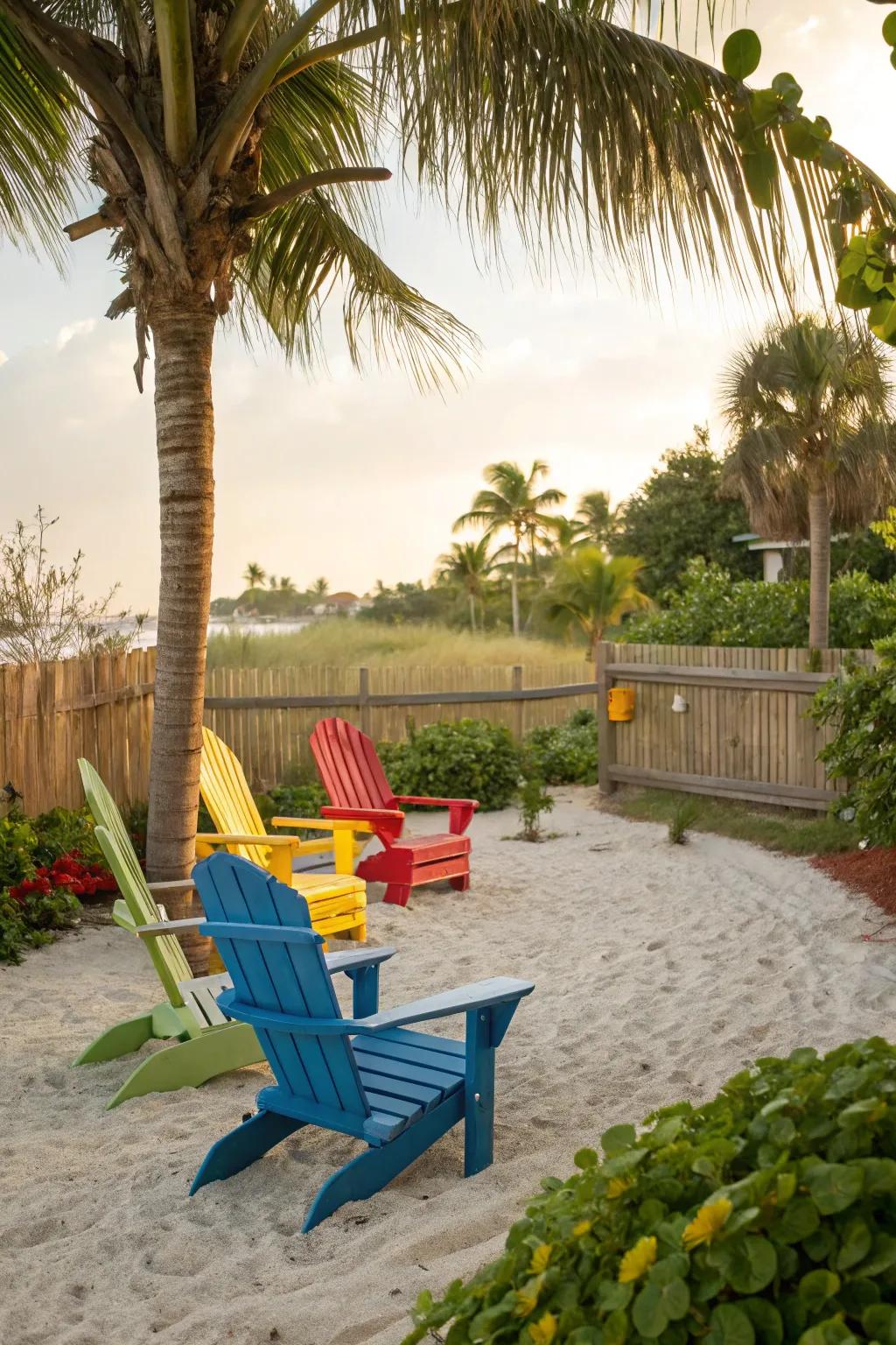 Adirondack chairs offer a classic spot for relaxation in your beach garden.