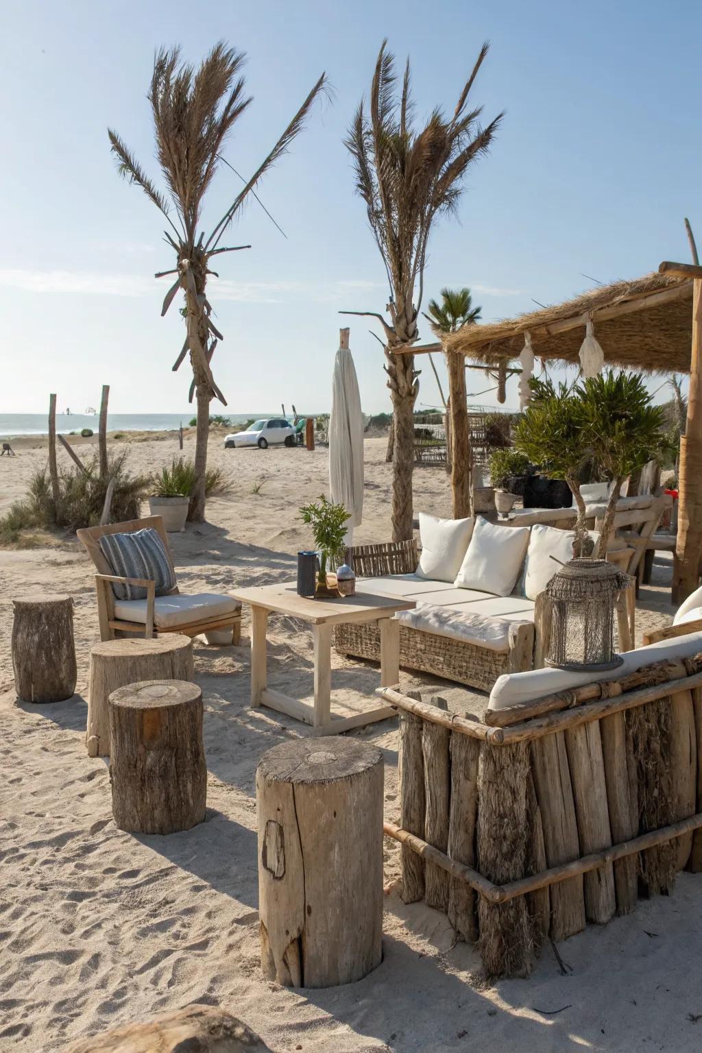 Driftwood projects infuse rustic charm into your beach patio.