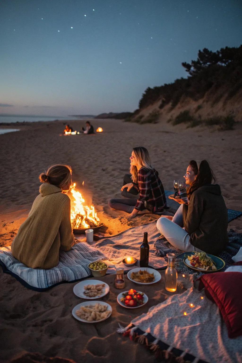 A beach bonfire adds warmth and extends the picnic fun into the night.