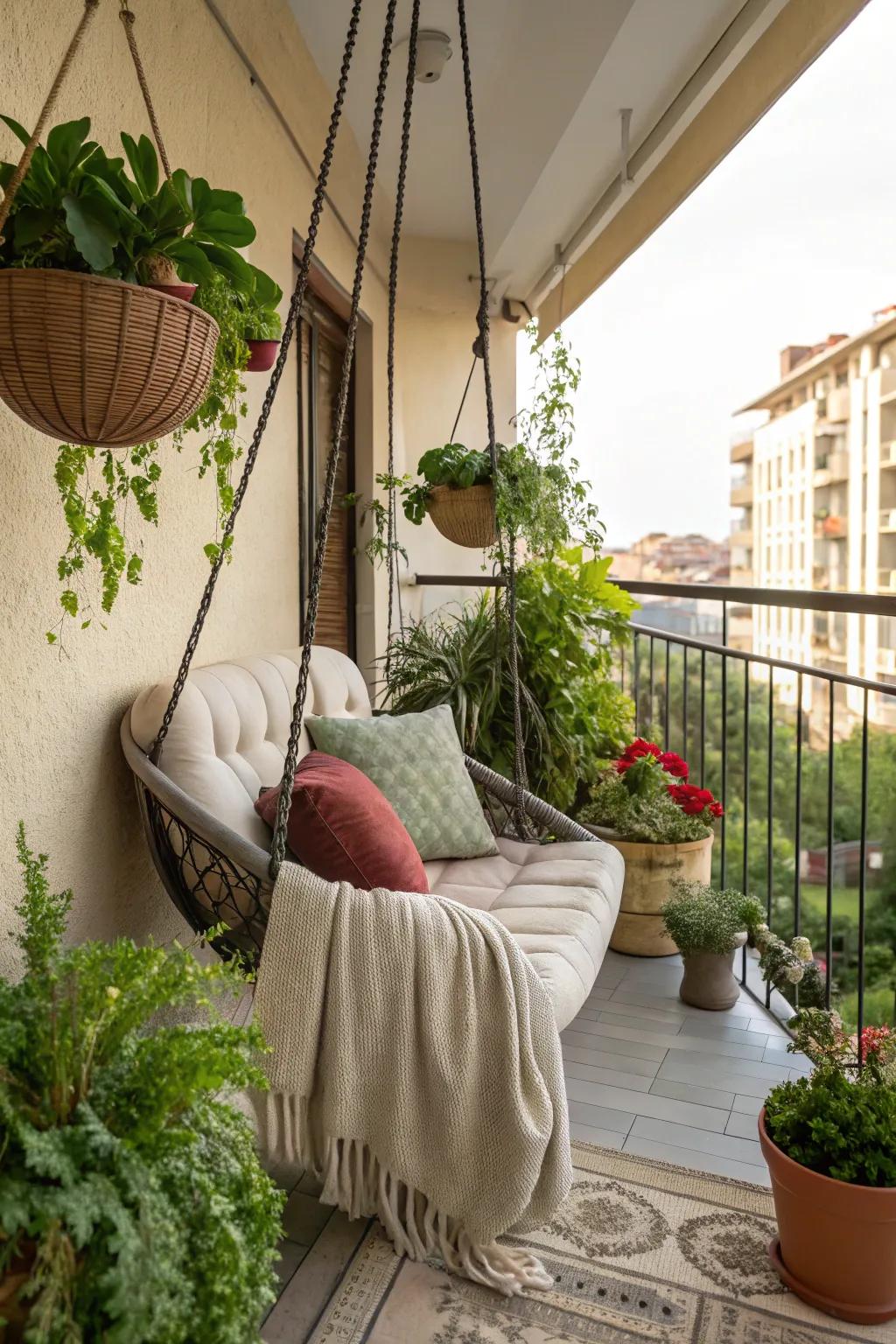 A swing brings playful relaxation to your balcony space.