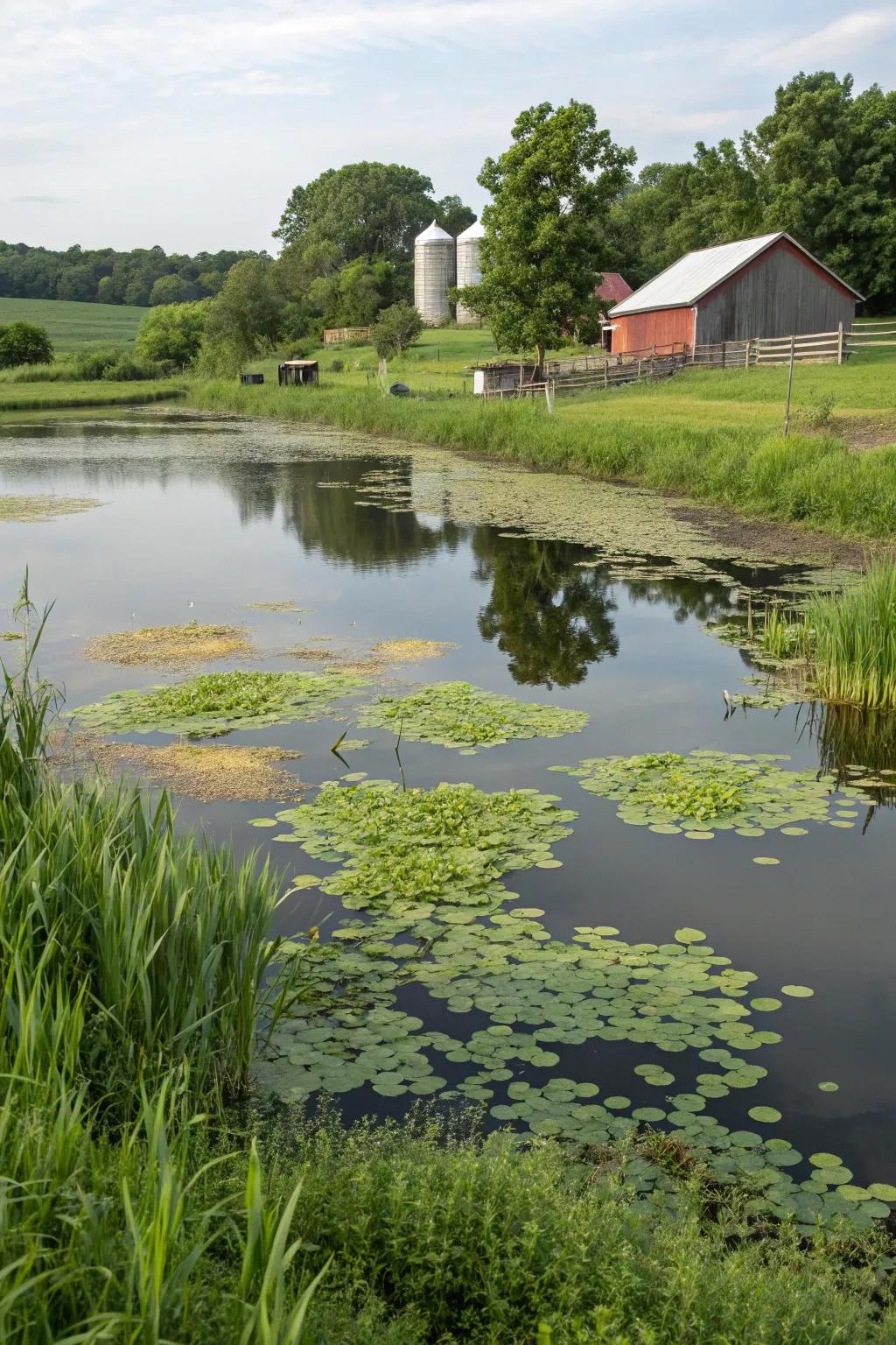 Floating plants provide shade and habitat, enhancing the pond's ecosystem.