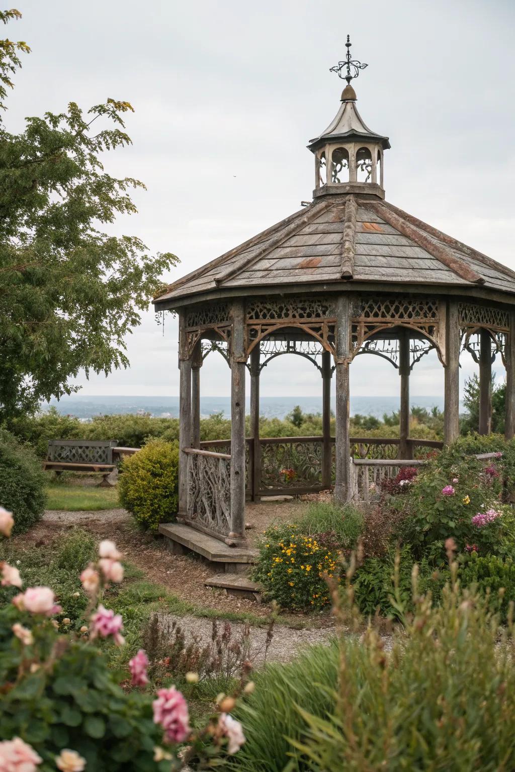 A rustic gazebo that exudes old-world charm.