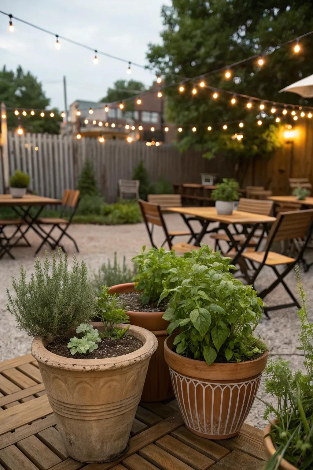 A mini herb garden adds freshness and flavor.