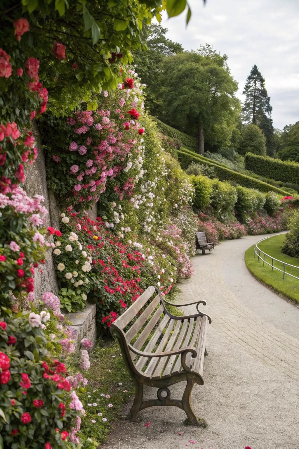 A flower wall creates a stunning backdrop for this bench.