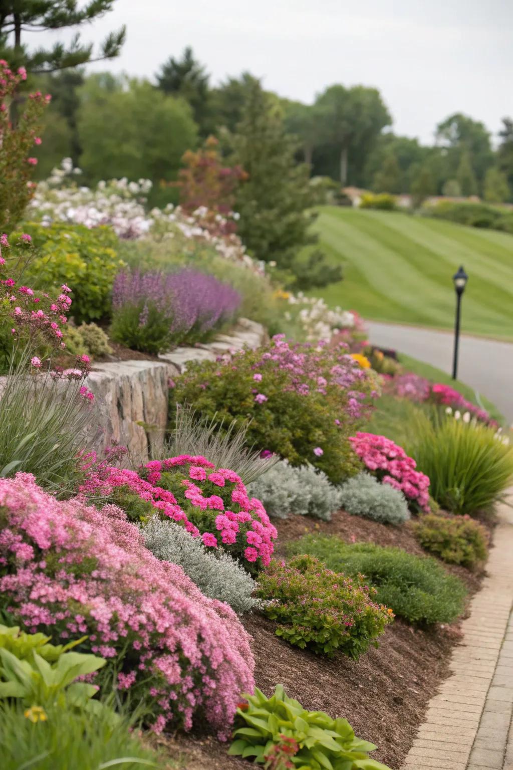 A berm designed for year-round beauty with plants offering seasonal interest.