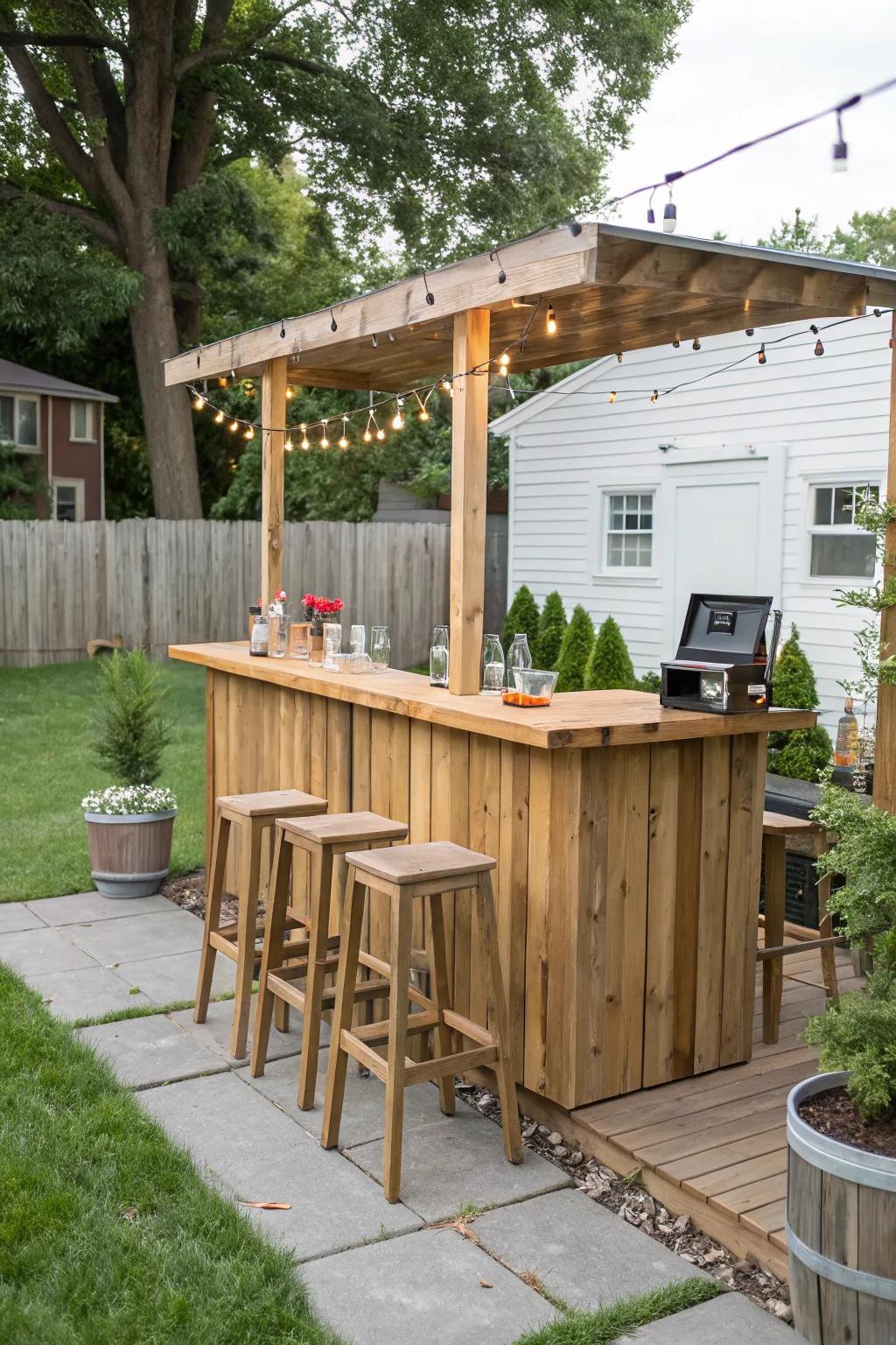 A backyard bar becomes the life of the party for outdoor gatherings.
