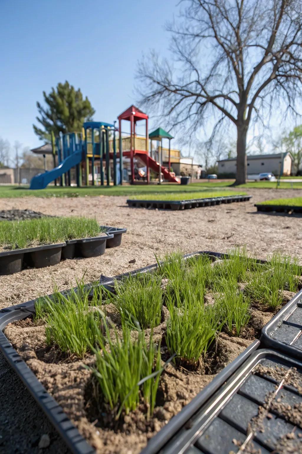 Grass seed mats create lush green play areas simply and effectively.