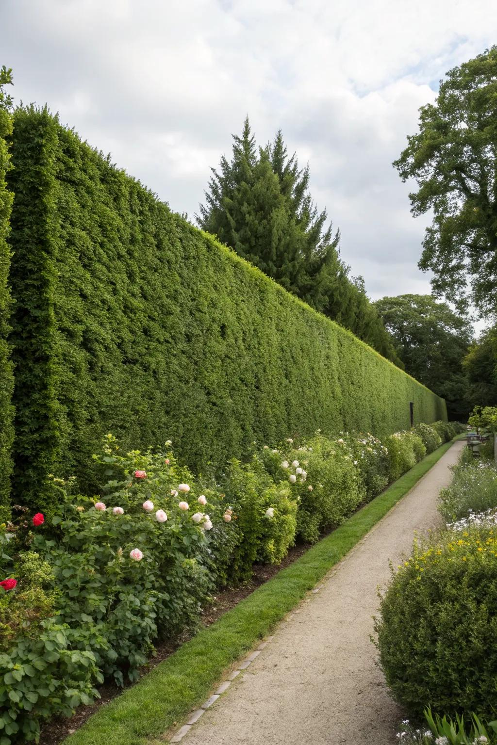 Hedge walls offer natural beauty and privacy.
