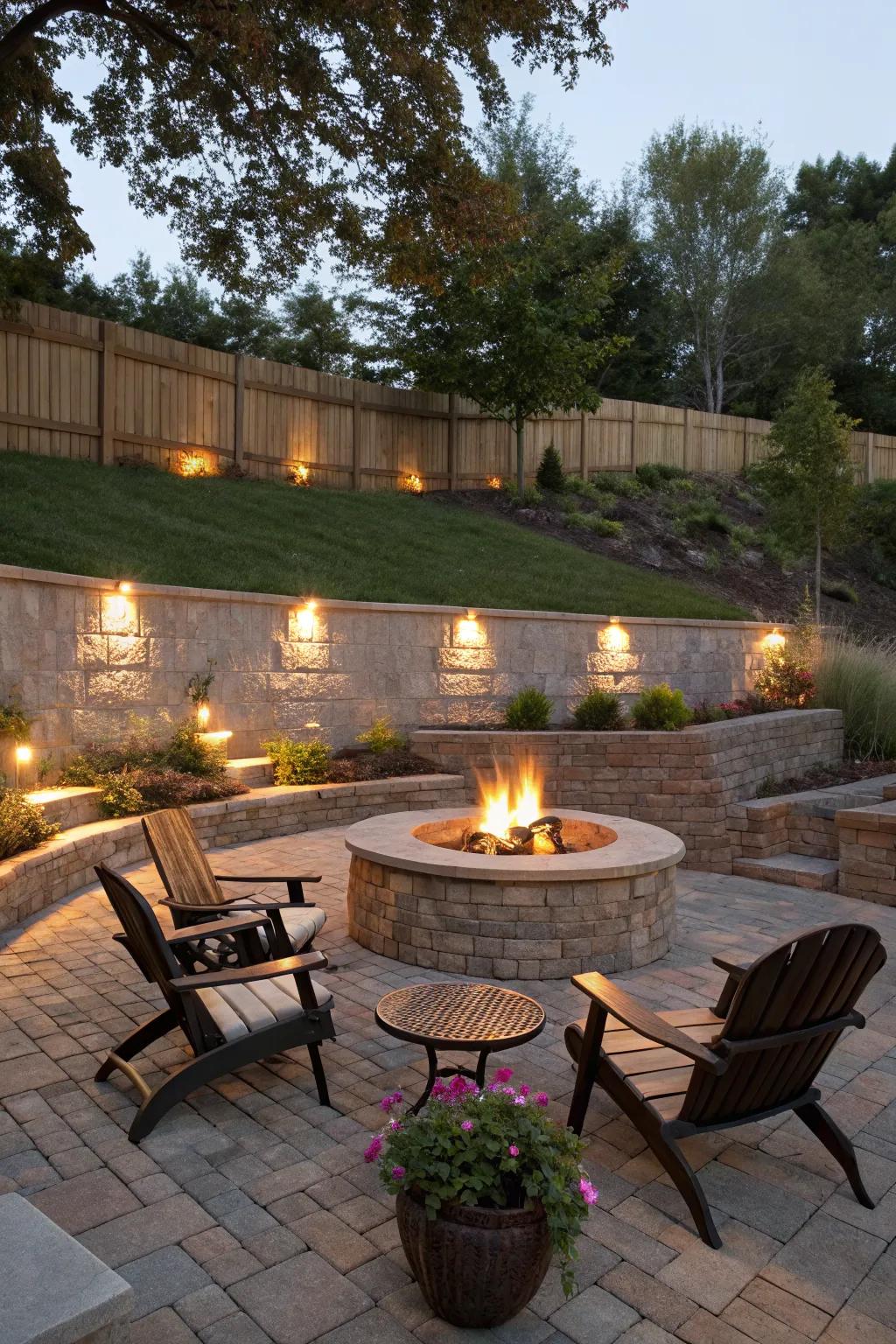 A fire pit transforms retaining walls into social hotspots.