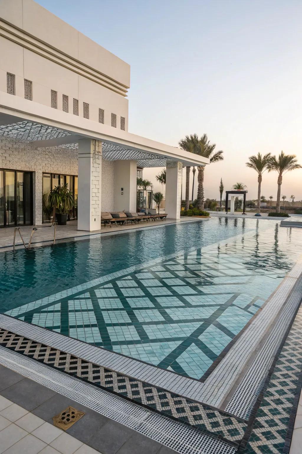Geometric patterns adding a modern flair to the pool.