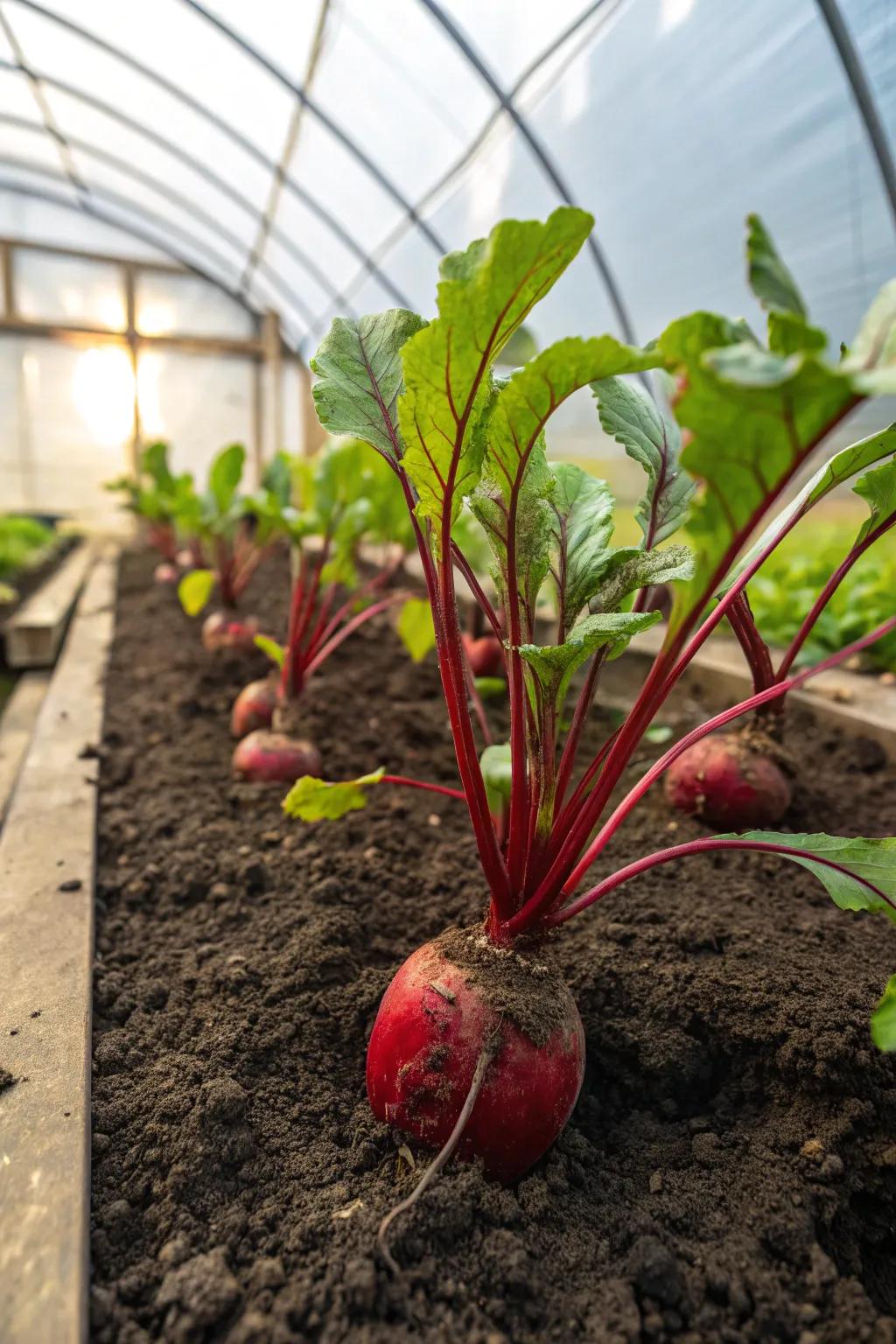 Nutritious beets ready to be harvested from a greenhouse, perfect for roasting.