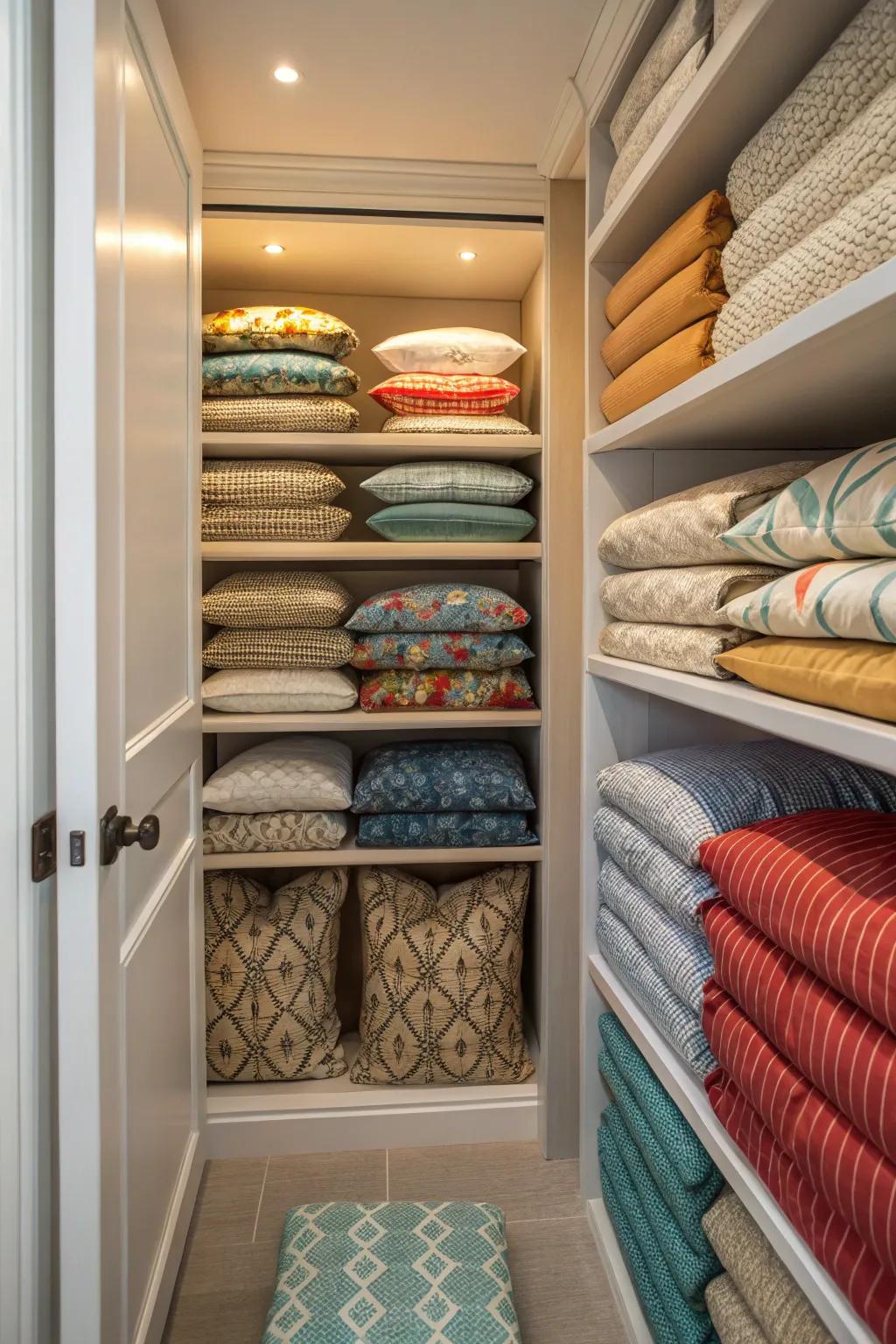 Spare closet space offering weather-proof storage for outdoor cushions