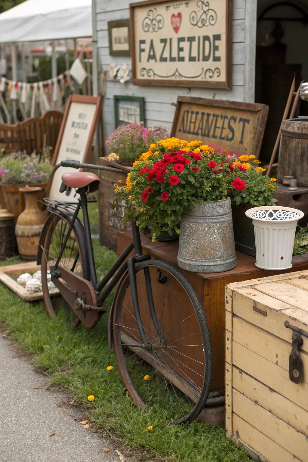 Create a nostalgic garden atmosphere with a vintage market display.