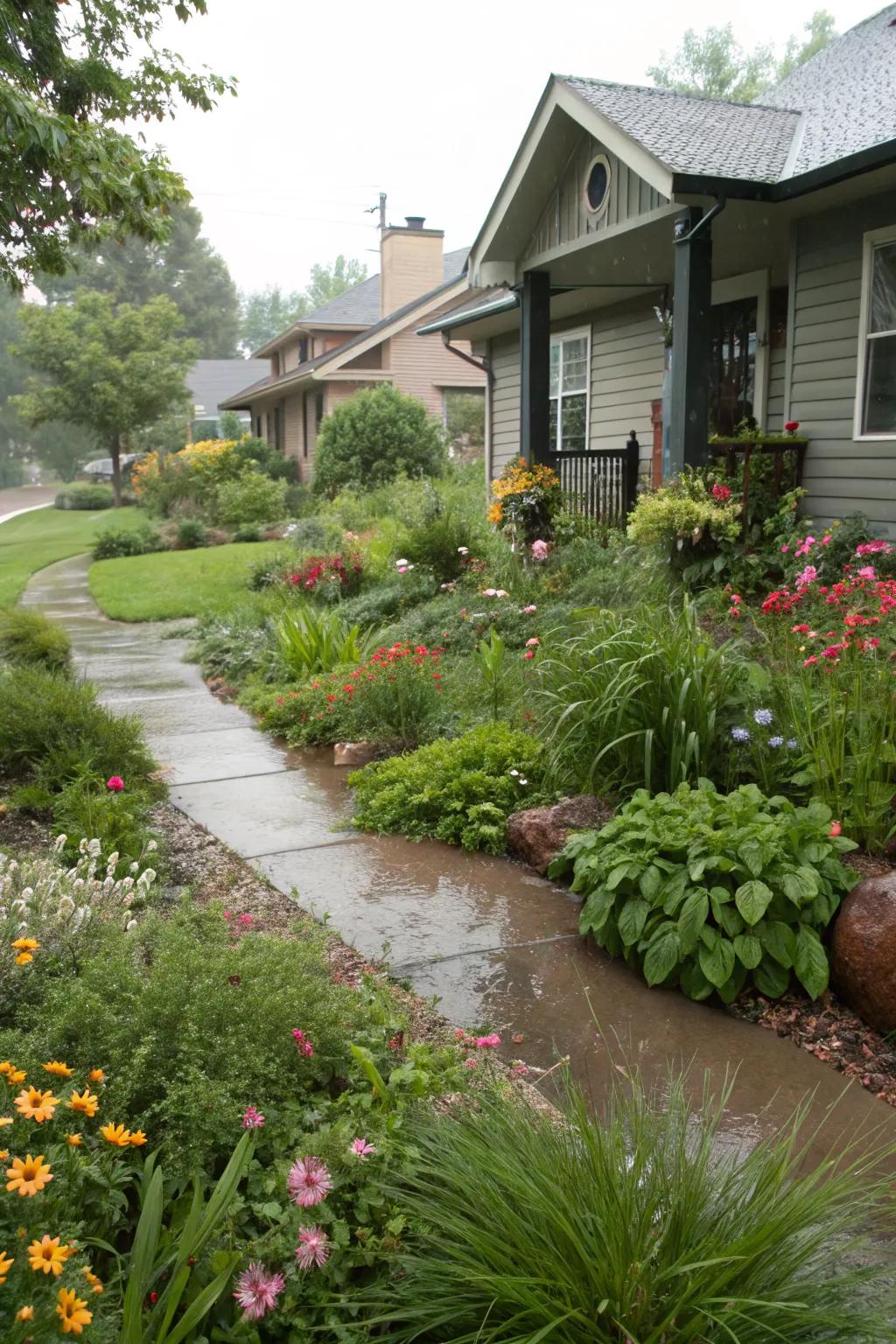 A rain garden that manages stormwater while beautifying the yard.