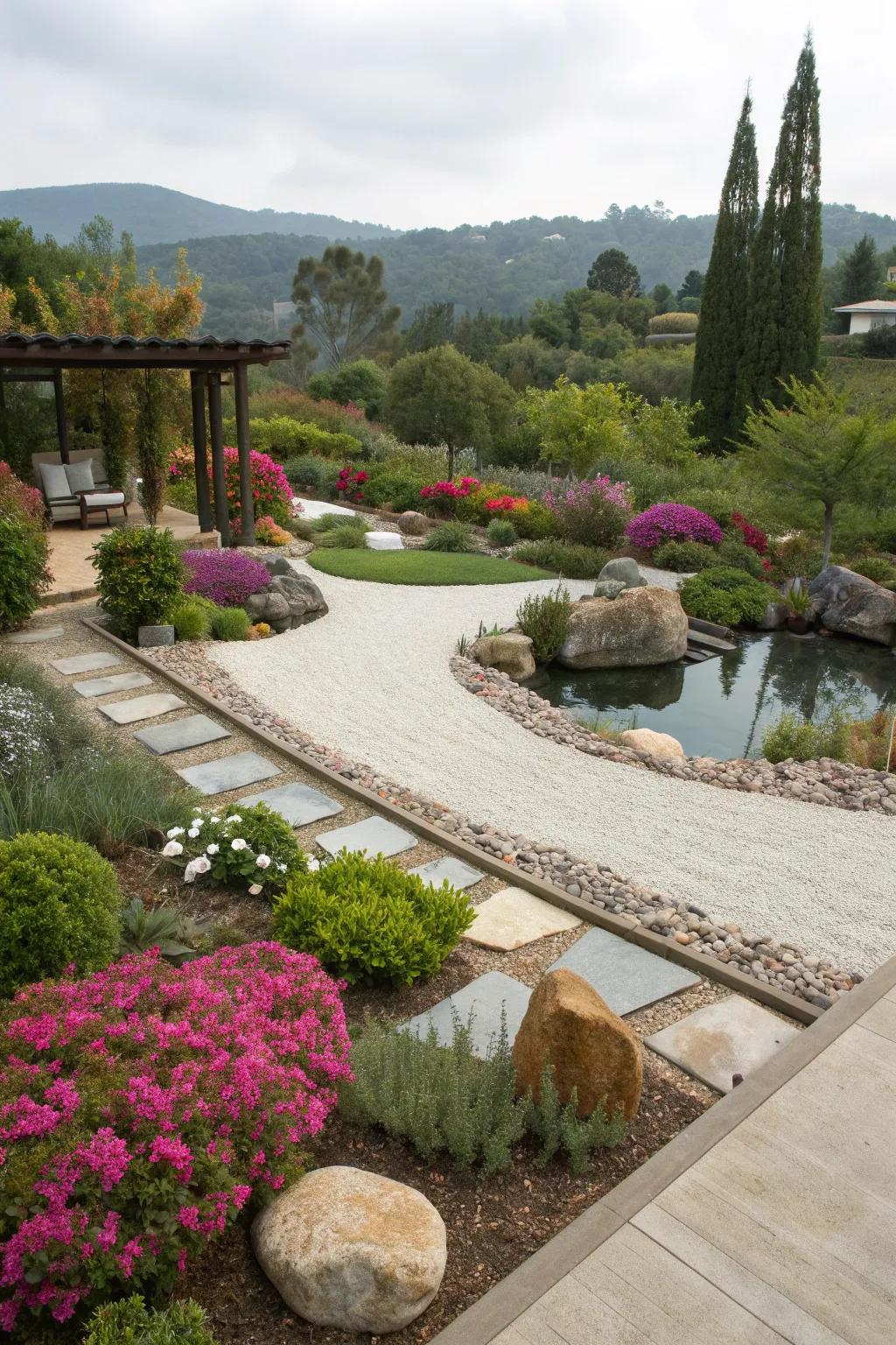 A garden transformed with themed zones, offering diverse experiences.