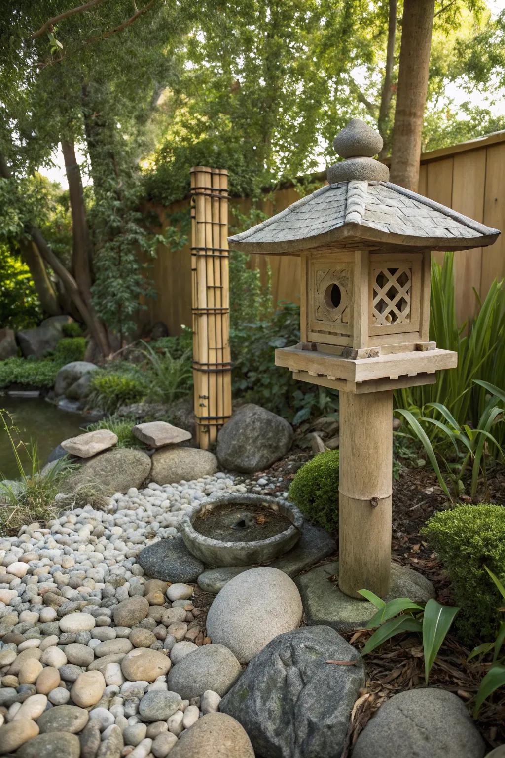 A Zen-inspired birdhouse offering a peaceful retreat for garden birds.