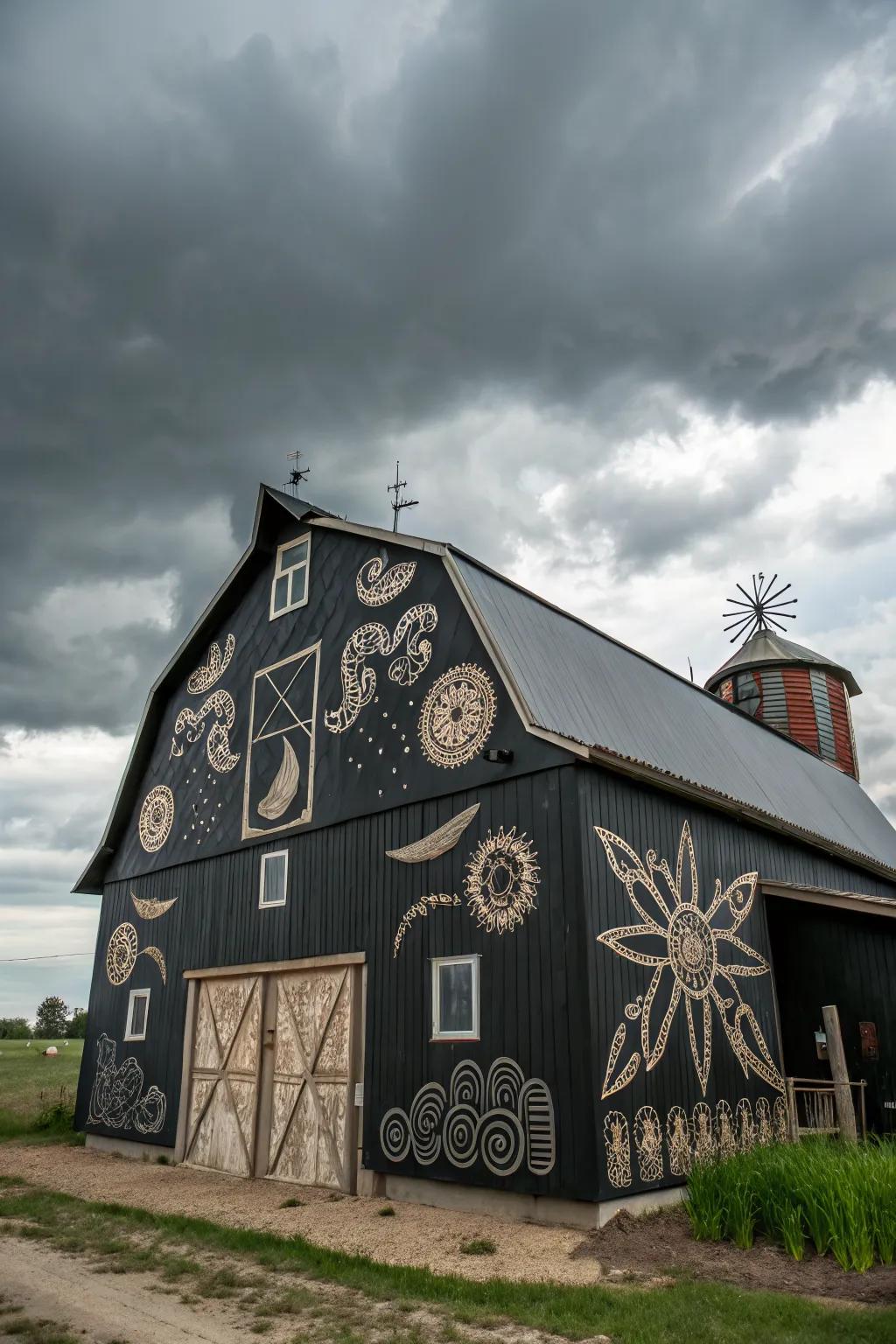 A black barn featuring artistic sculptural cutouts.