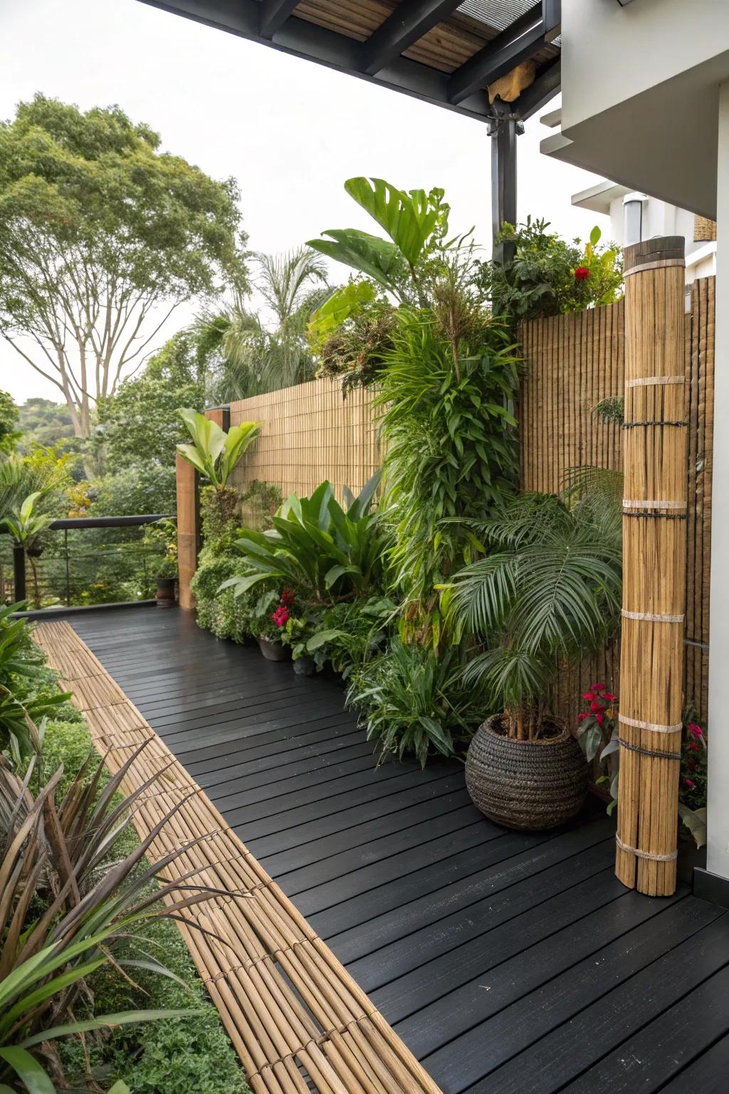 Transform your deck into a tropical paradise with lush plants.