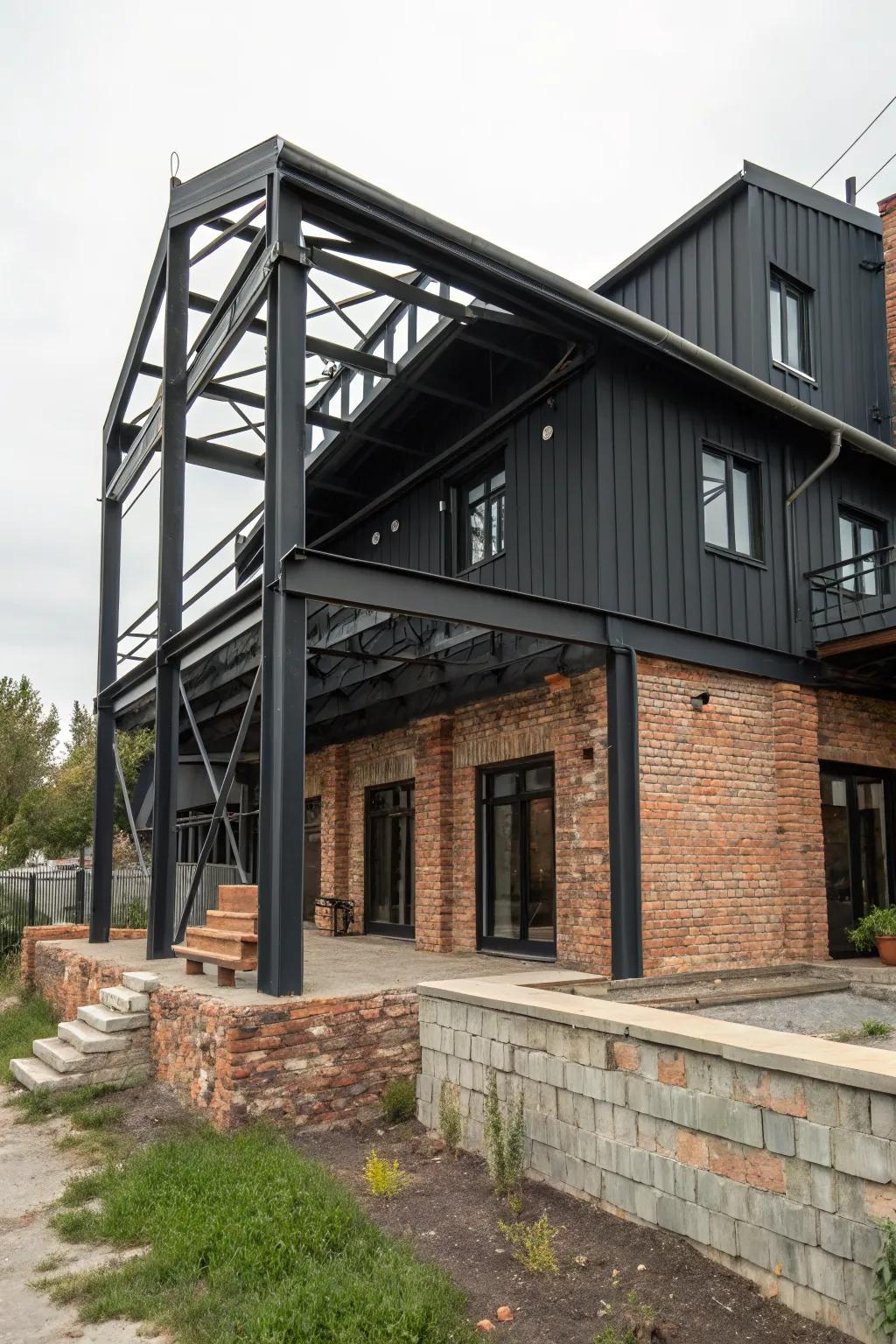 Industrial elegance creates a bold look for a black house.