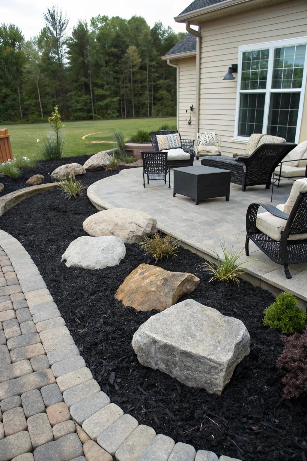 Stylish patio surrounds with black mulch and rock features.