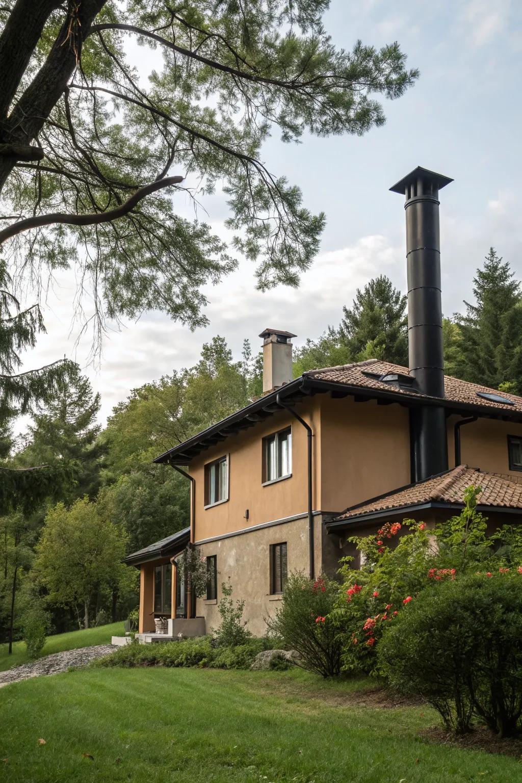 Earthy tones and a black chimney create a grounded, natural look.