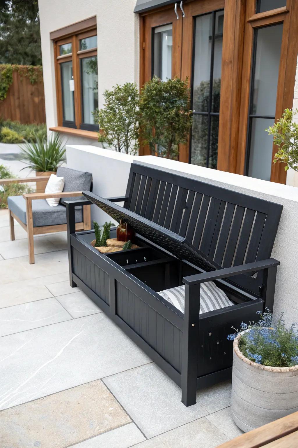Multi-functional furniture enhances a black patio's practicality.