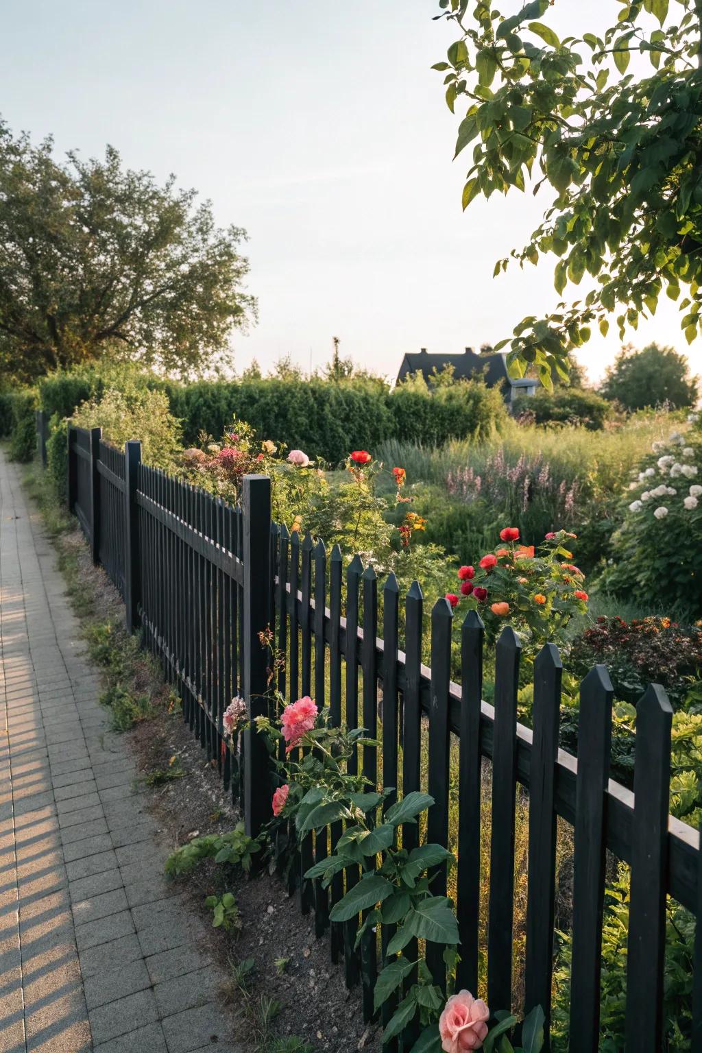 An eco-friendly black fence complements a green garden.