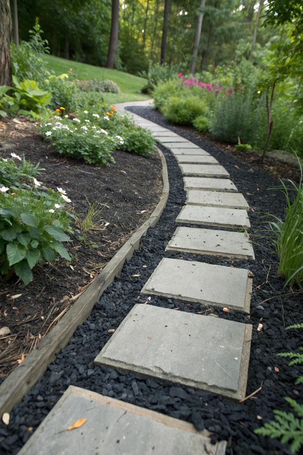 A modern garden path using concrete slabs and black rubber mulch.