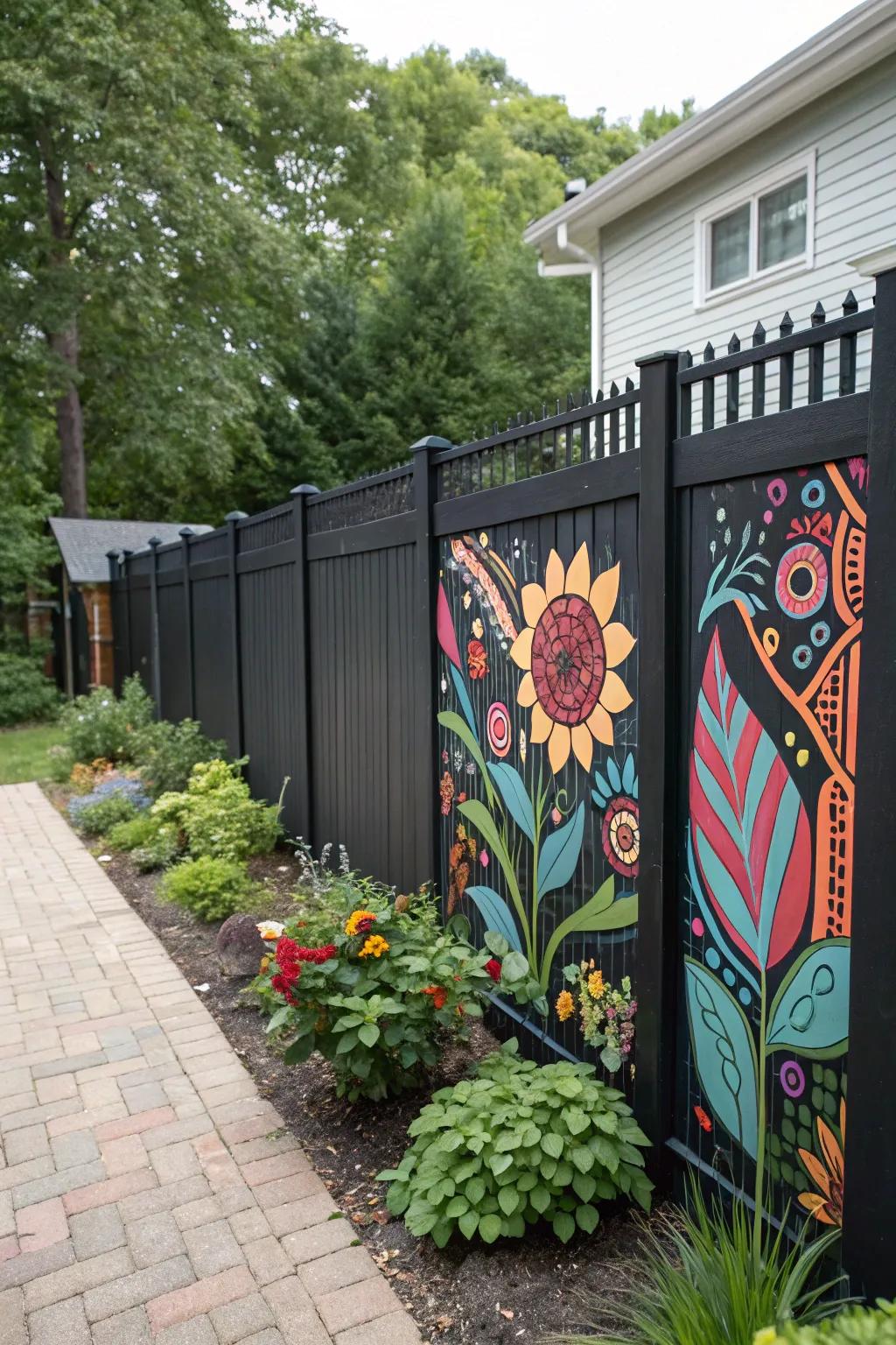 Artistic murals transform the fence into a personal canvas.