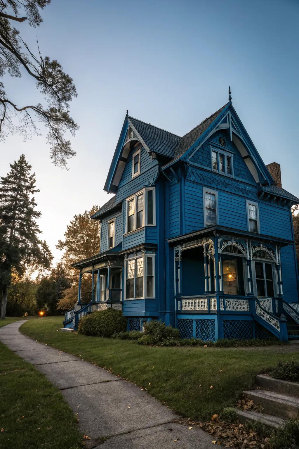 A dramatic home that captivates with its indigo blue allure.
