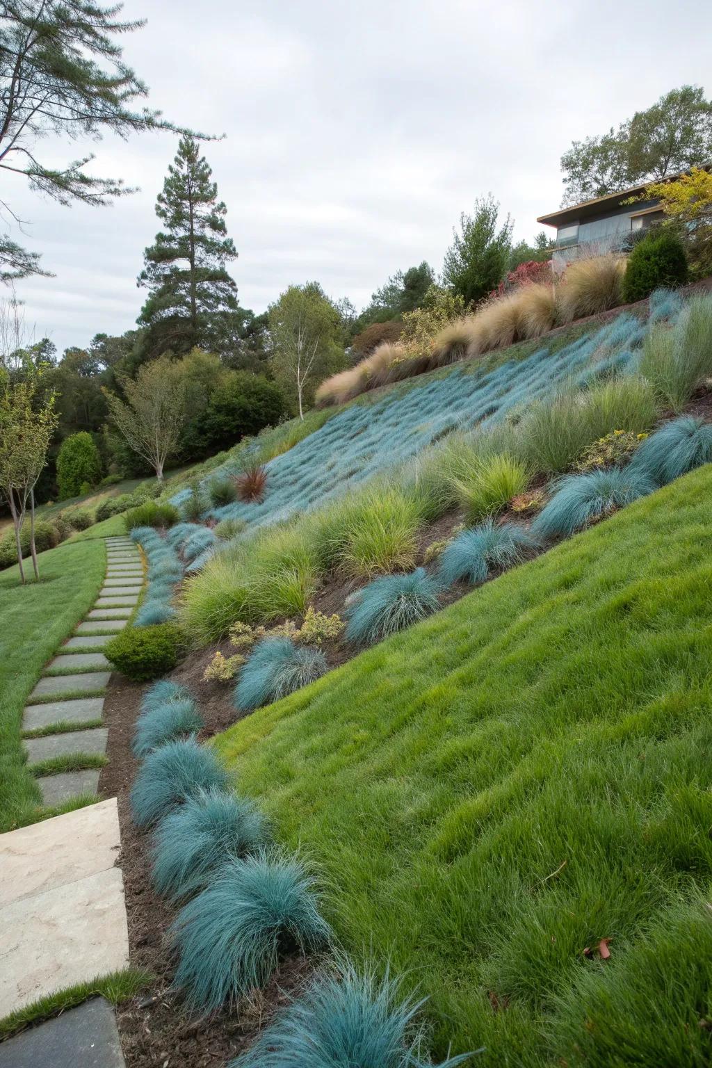 Blue fescue stabilizes and beautifies this garden slope.