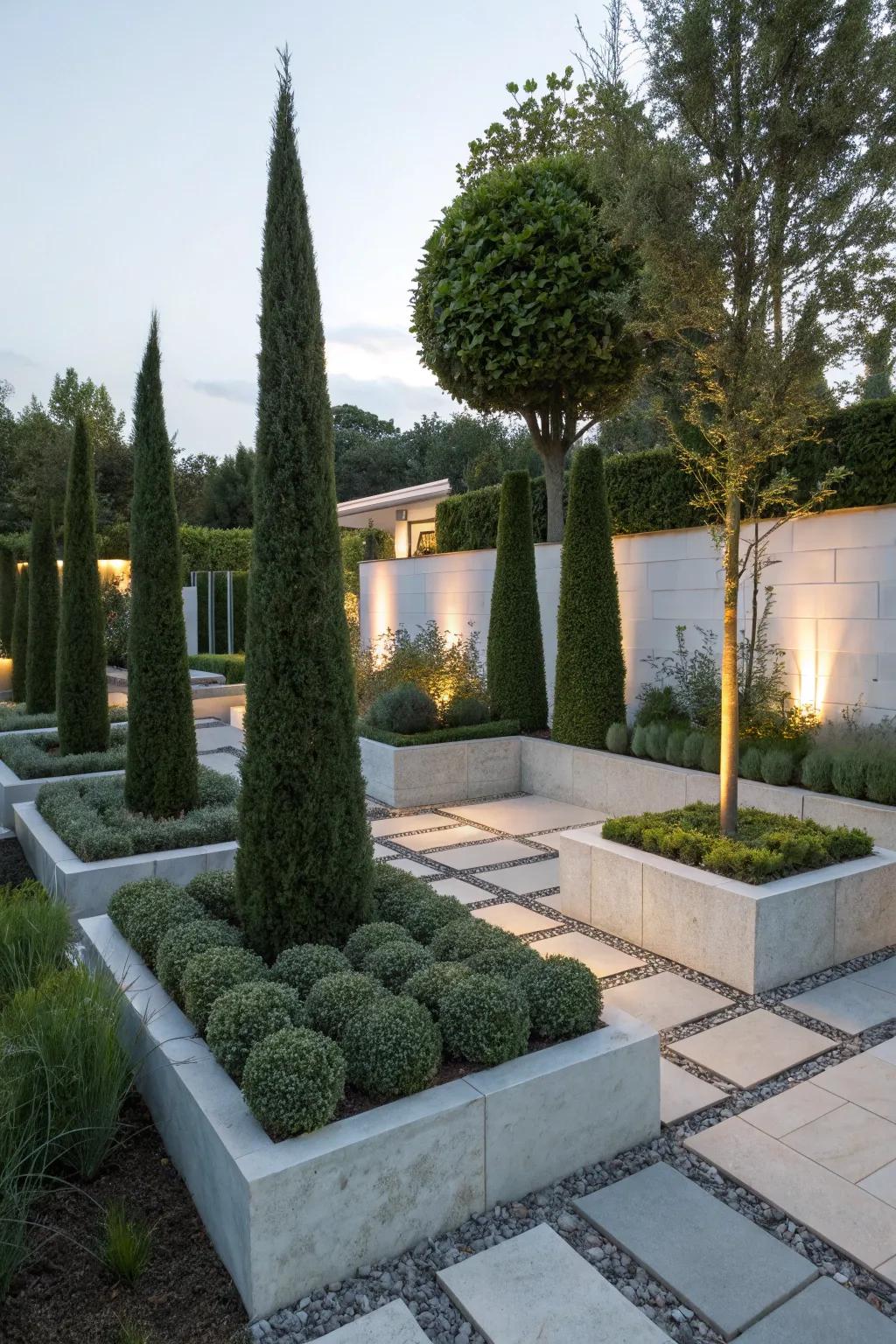 Modern gardens come alive with Blue Point Juniper sculptures.