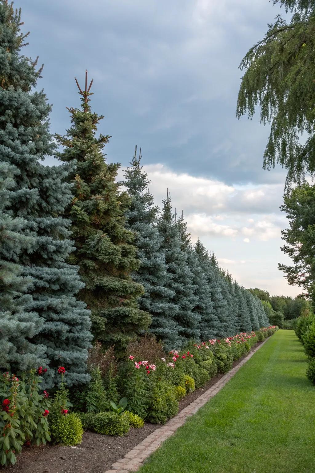 Blue spruce trees provide effective natural windbreaks.