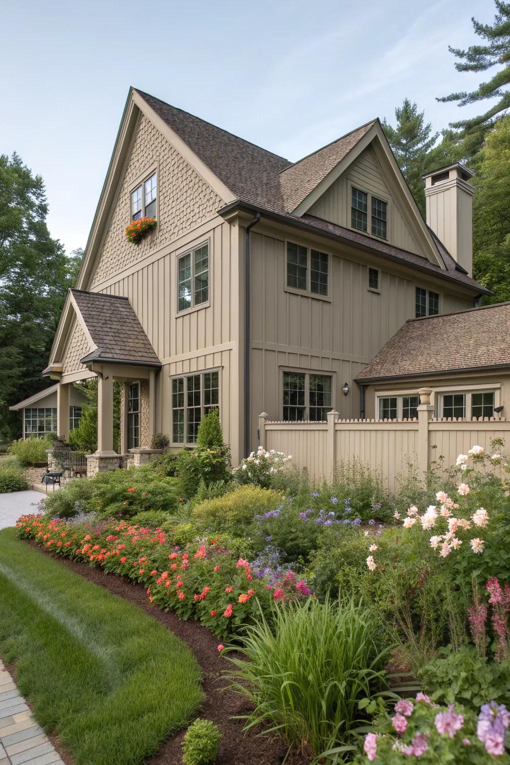 Subtle taupe siding for understated elegance.