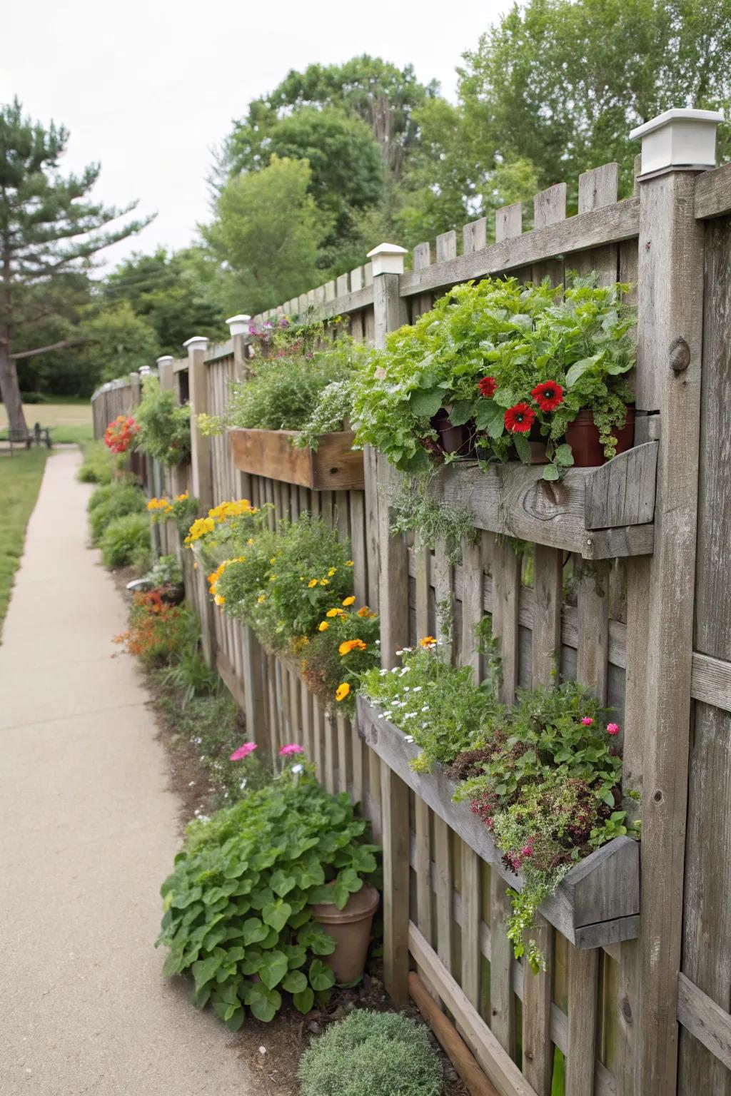 Vertical planters transform a fence into a living wall.