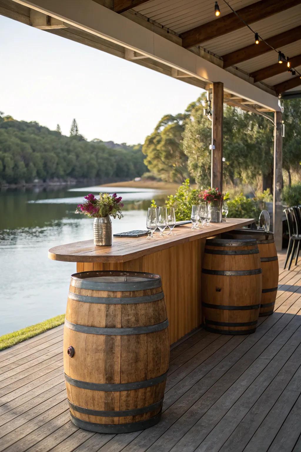 Wine barrels offer rustic charm to this dockside bar.
