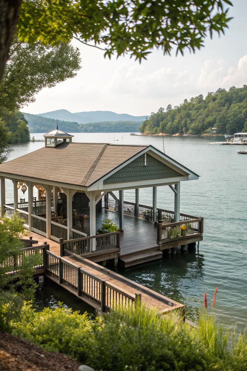 A boat house with a covered porch for enjoying views in any weather.