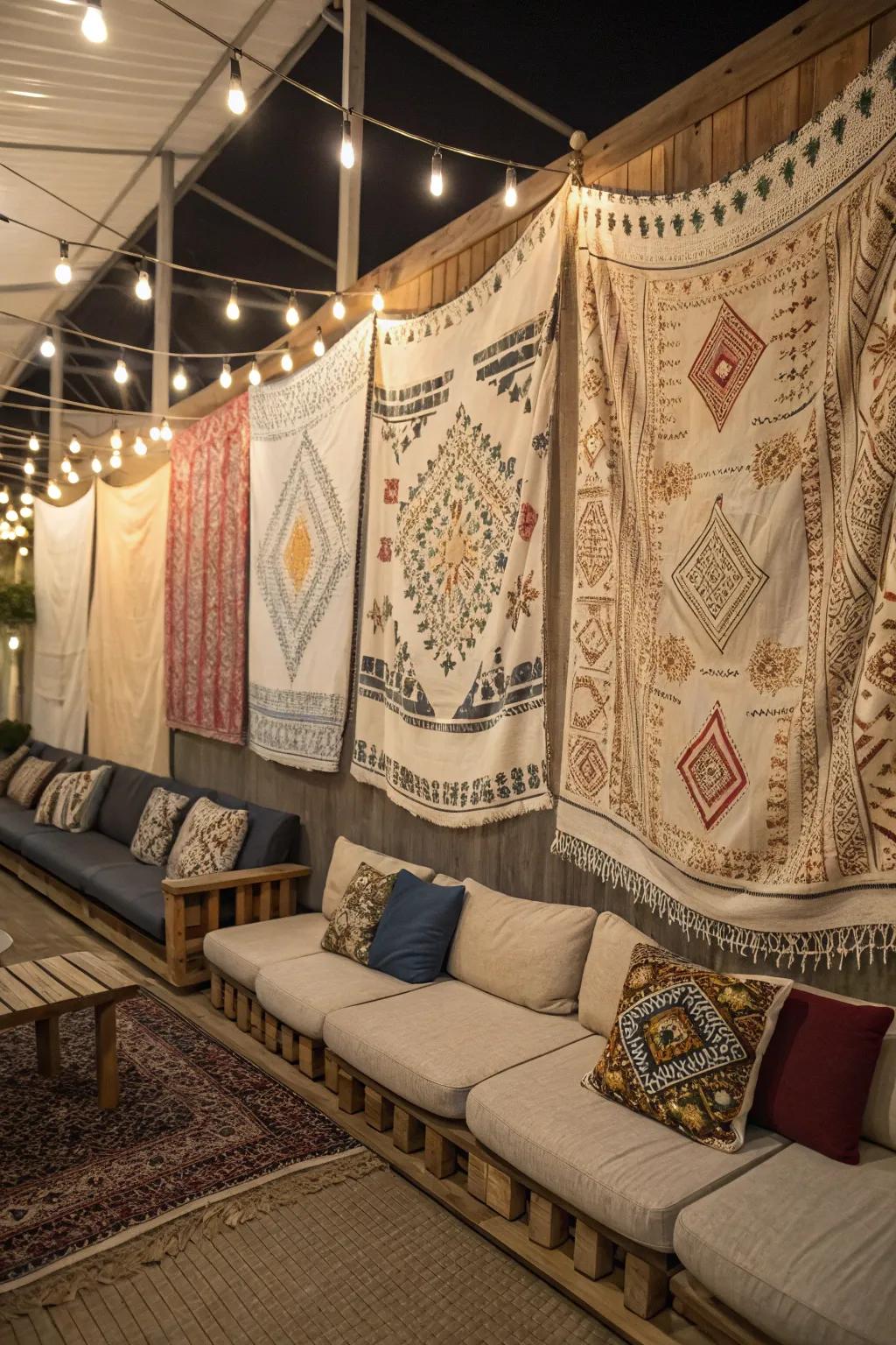 Hanging decor like tapestries adds vertical interest.