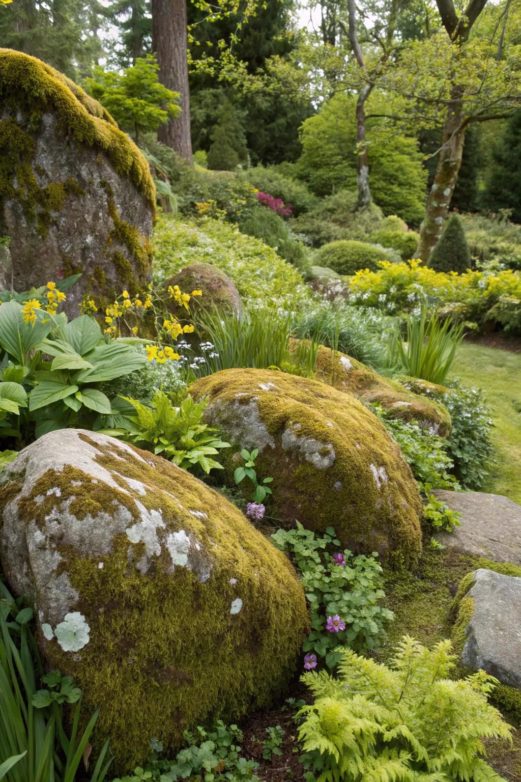Add timeless beauty with moss-covered boulders.