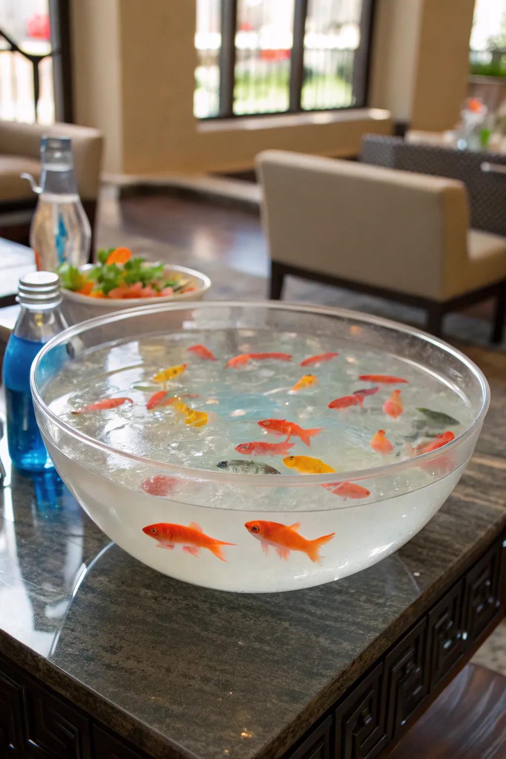 A DIY fish pond centerpiece adds a touch of nature.