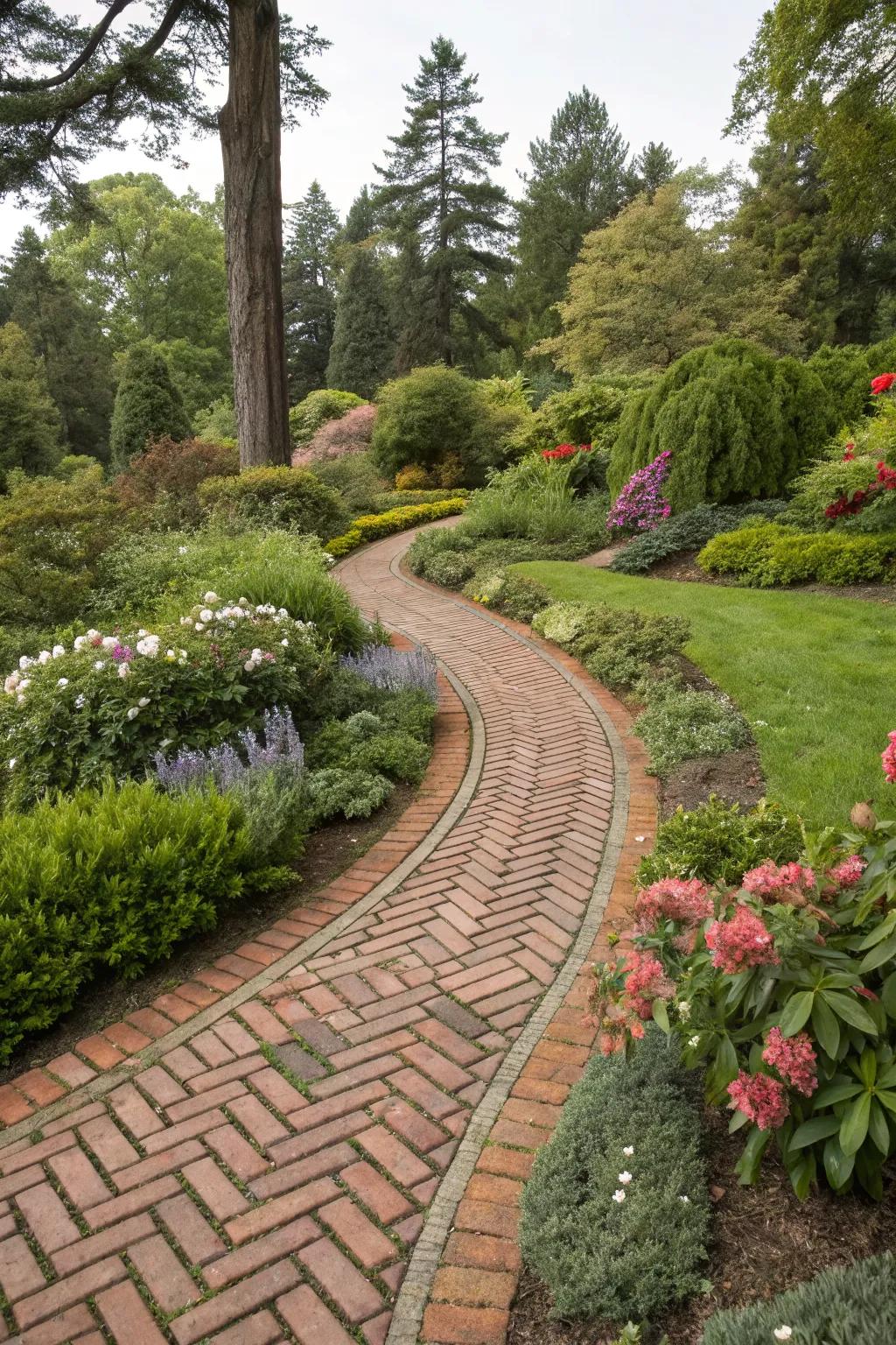 Zigzag brick borders add personality to garden paths.