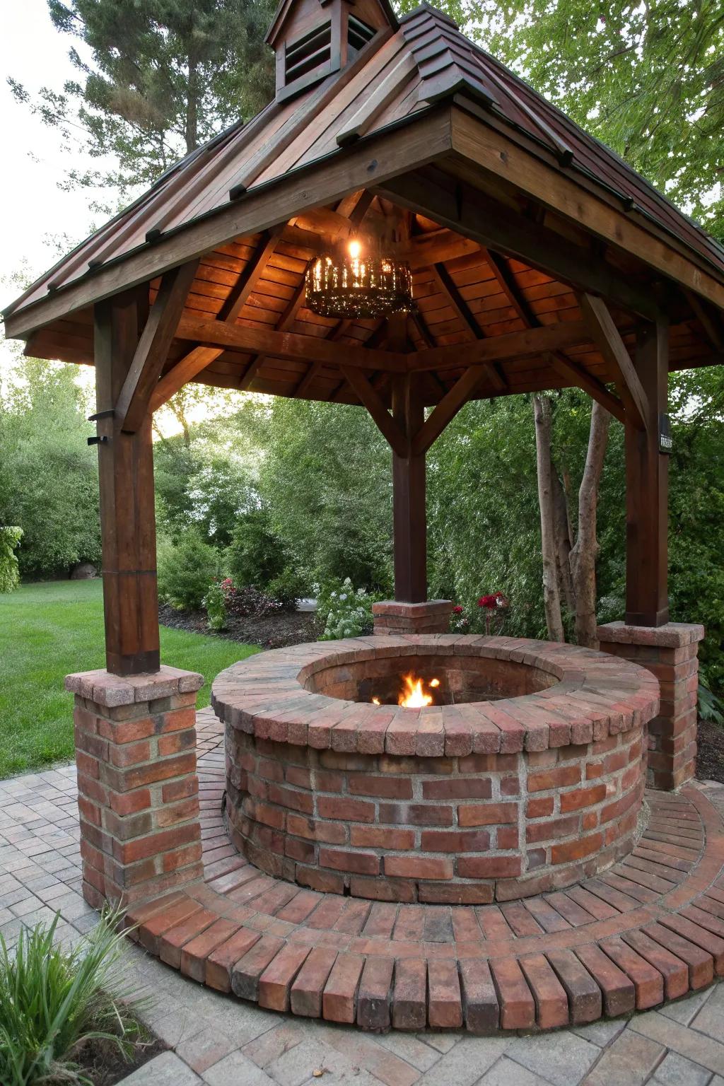 Elevate your outdoor experience with a beautifully crafted brick fire pit and canopy.