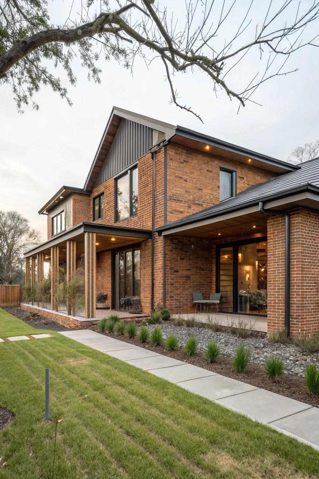 Mixed materials add modern flair to traditional brick.