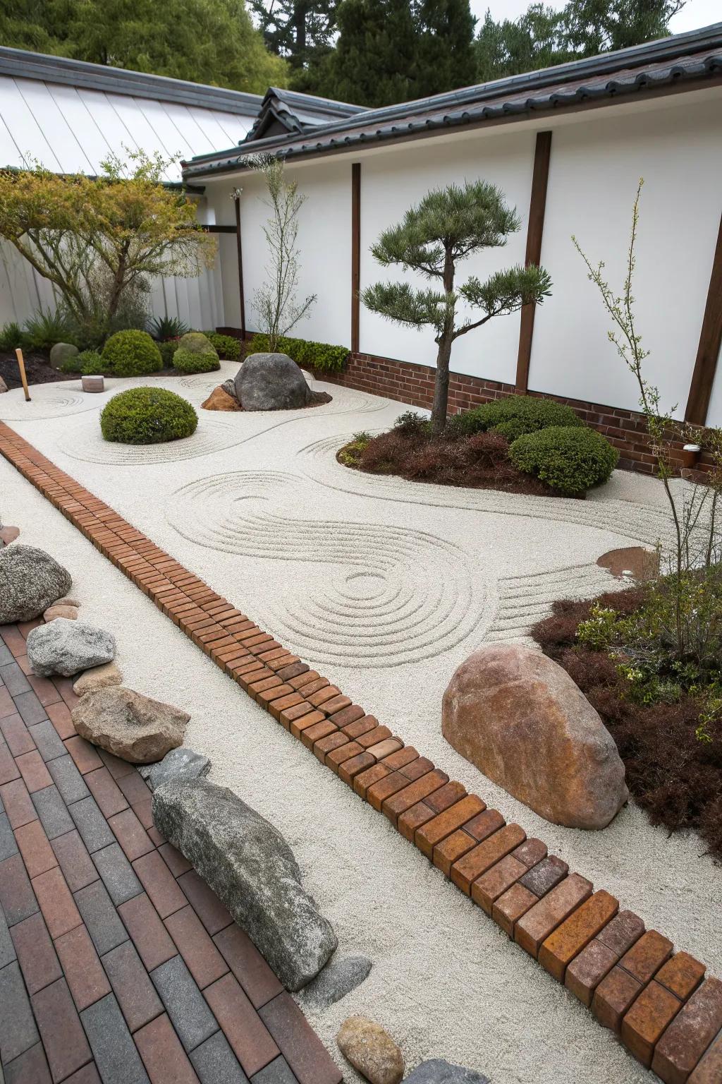 Peaceful Zen gardens framed by bricks.